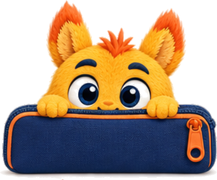Pip, a small orange guardian monster, peeking out over the zip of the pencil case