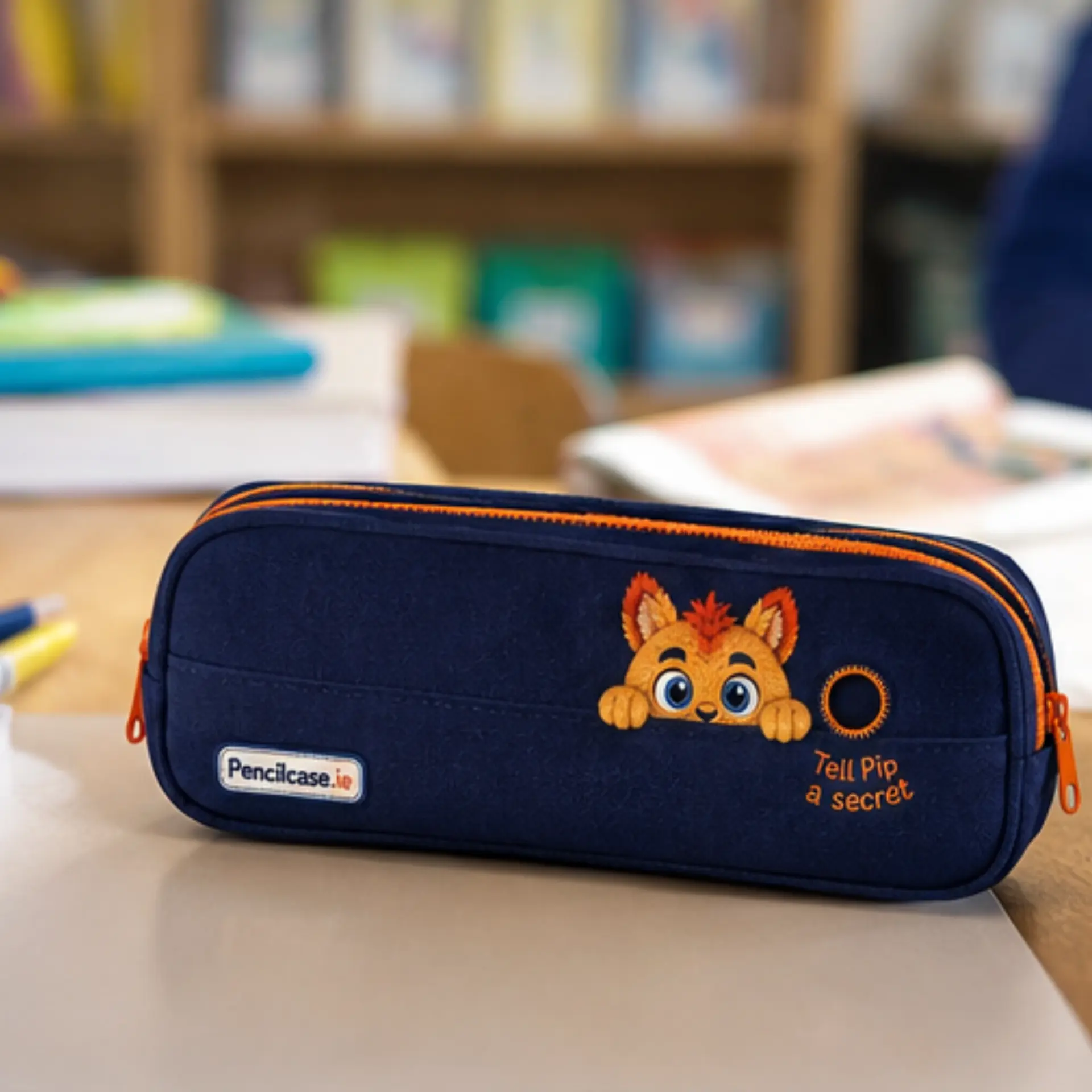 The navy Pencilcase.ie pencil case with its orange zip and the embroidered whisper hole that reads Tell Pip a secret