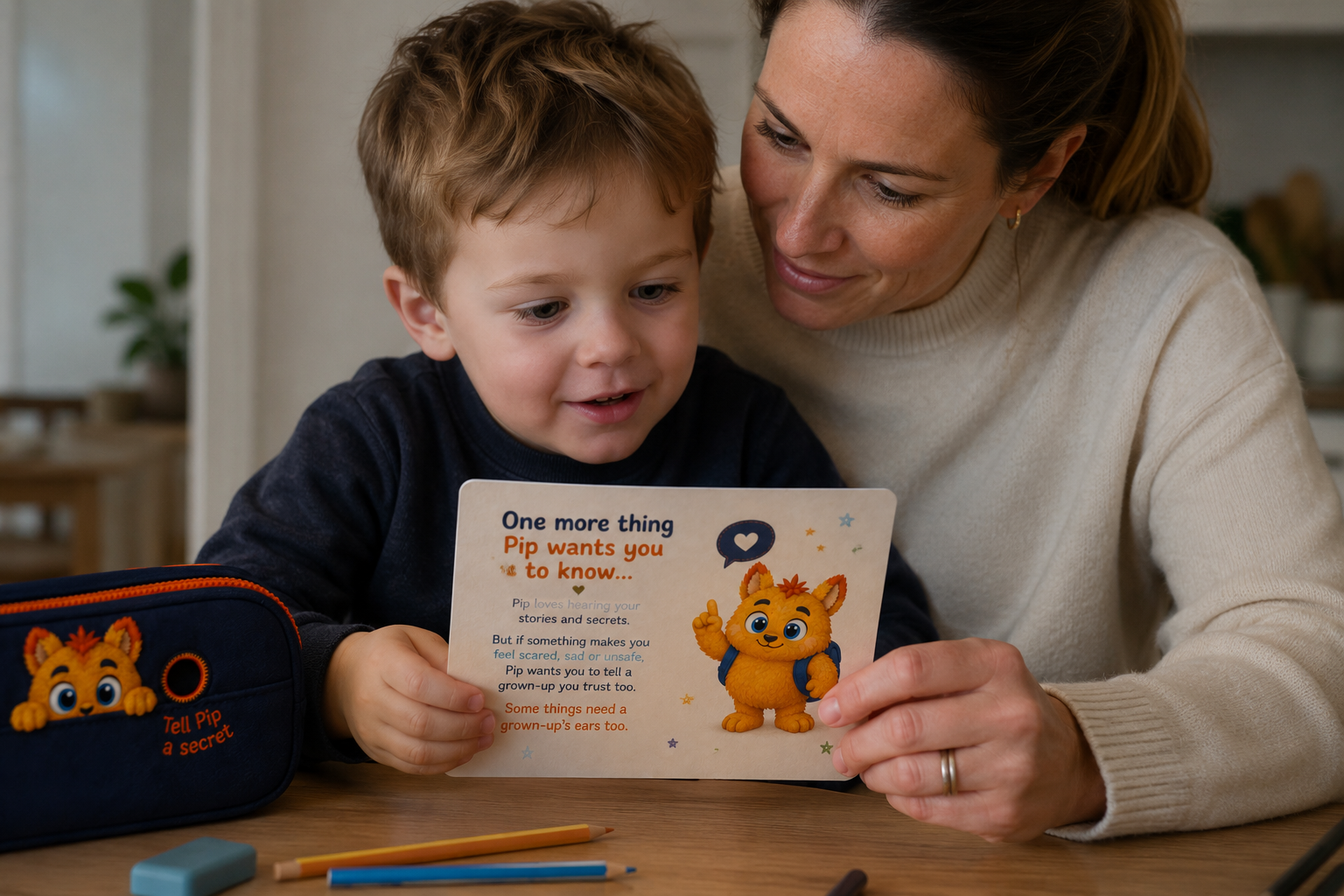 A parent and child reading the Pip story card together at the kitchen table, with the navy pencil case beside them
