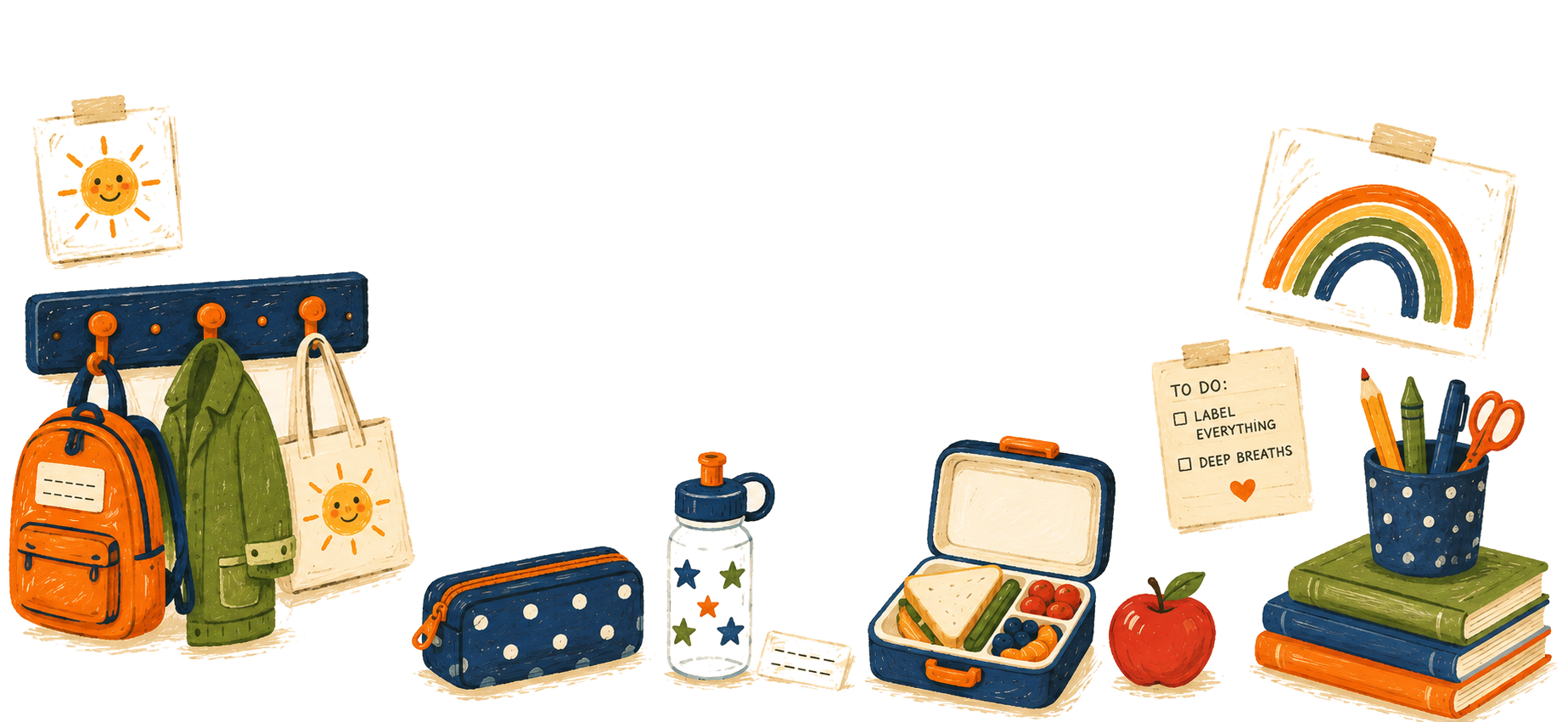 Illustrated school bag, lunchbox, pencil case, water bottle and children's drawings