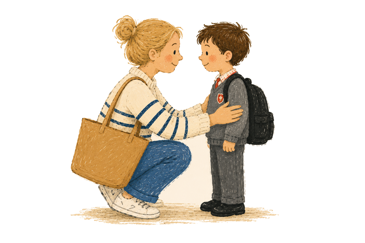 A mother kneels to comfort her small child in school uniform at the school gate.