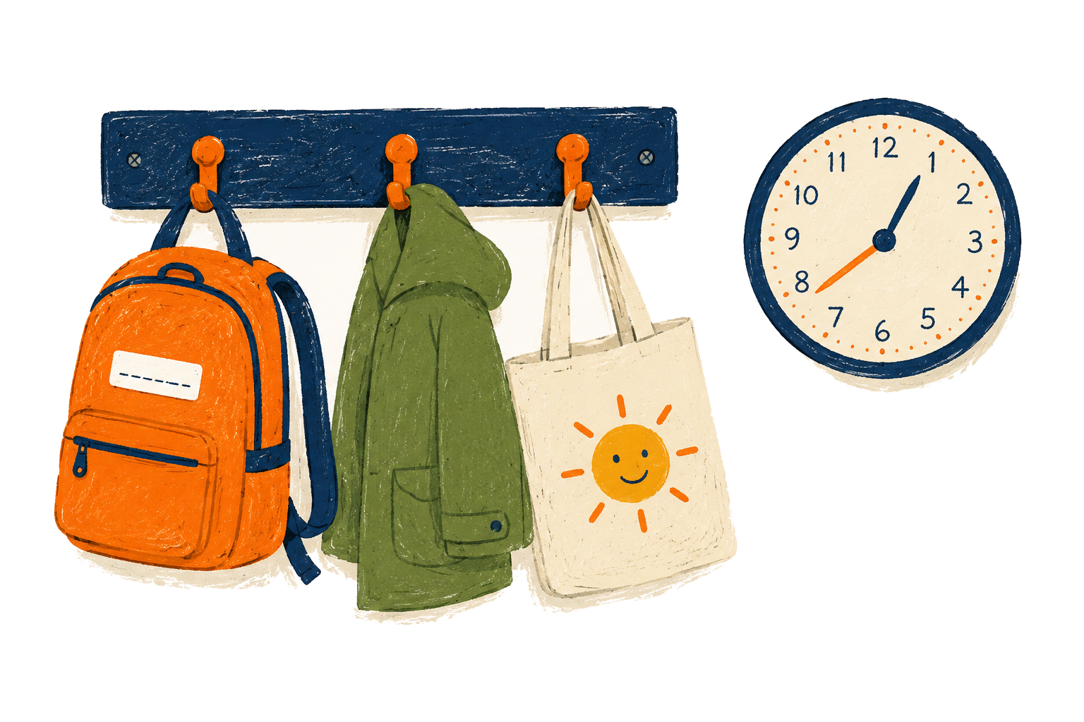 A coat peg with a small orange backpack, green coat and cream tote bag, next to a classroom clock showing a short infant school day.