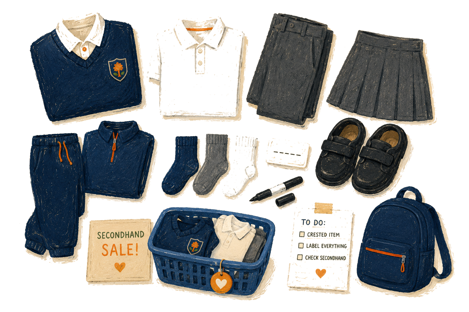 A flatlay of Irish primary school uniform items: crested navy jumper, white polo shirt, dark skirt and trousers, navy tracksuit, socks, shoes, backpack, a secondhand sale sign and a to-do list.