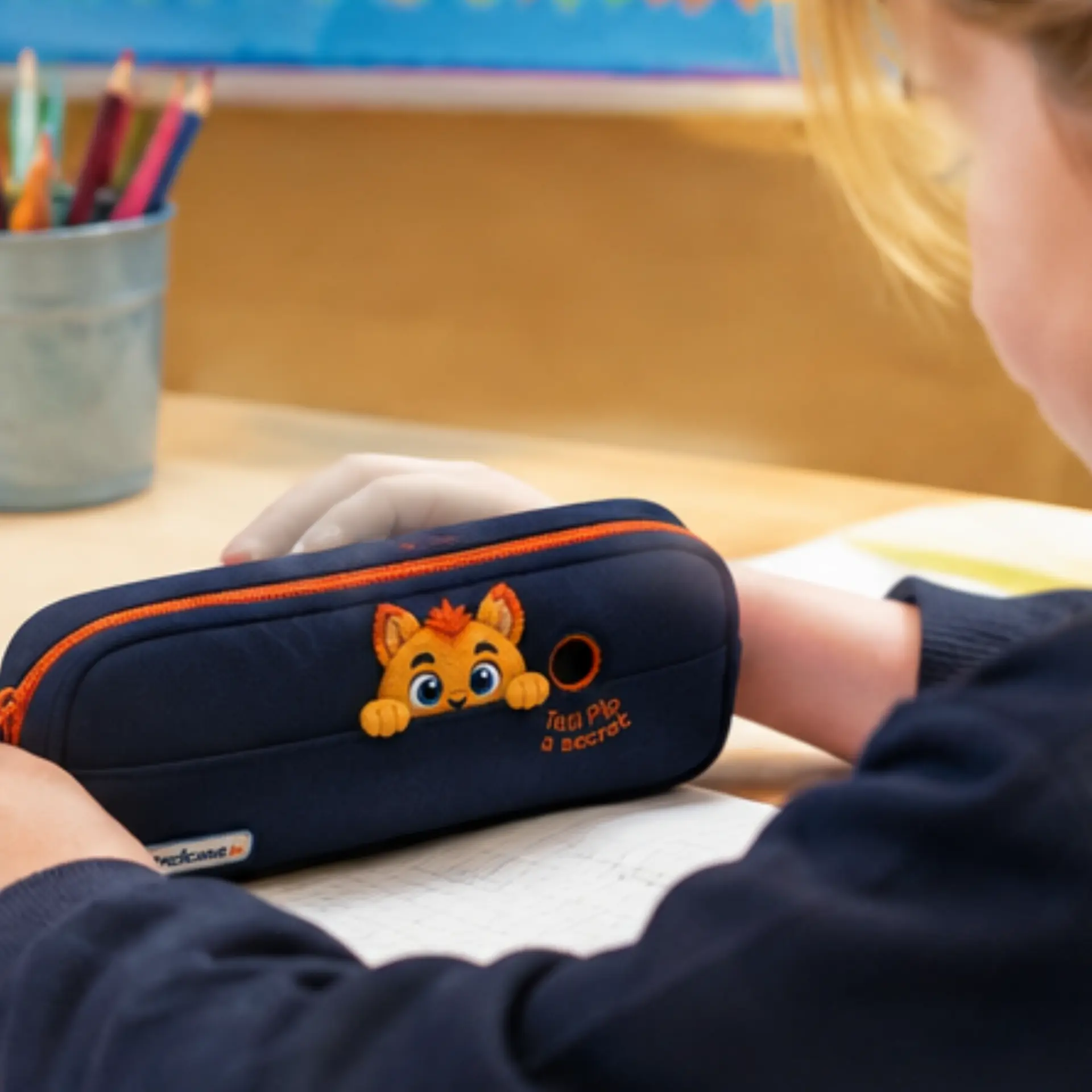 A girl at her school desk with the Pip pencil case beside her