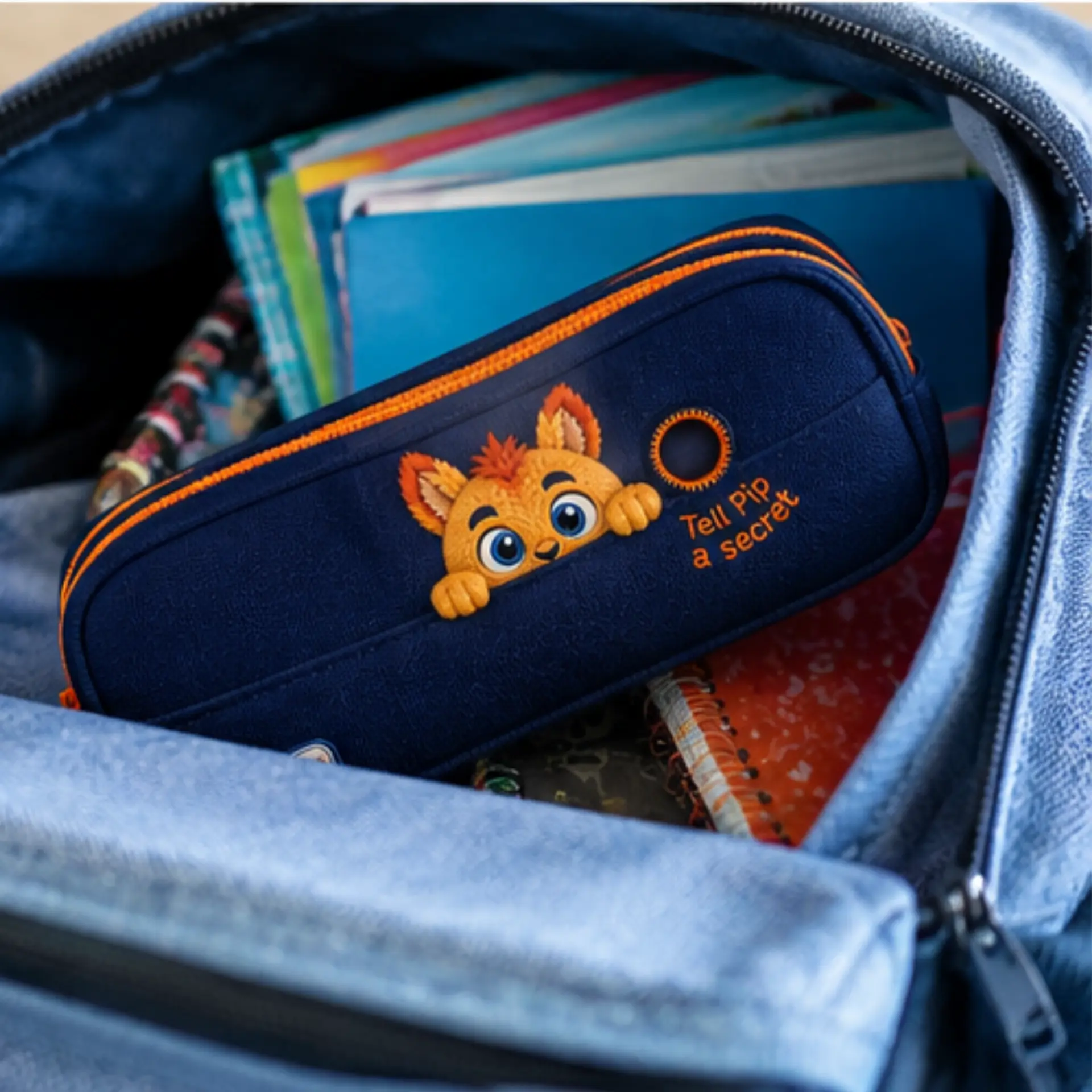 The Pip pencil case tucked inside a school backpack with copybooks
