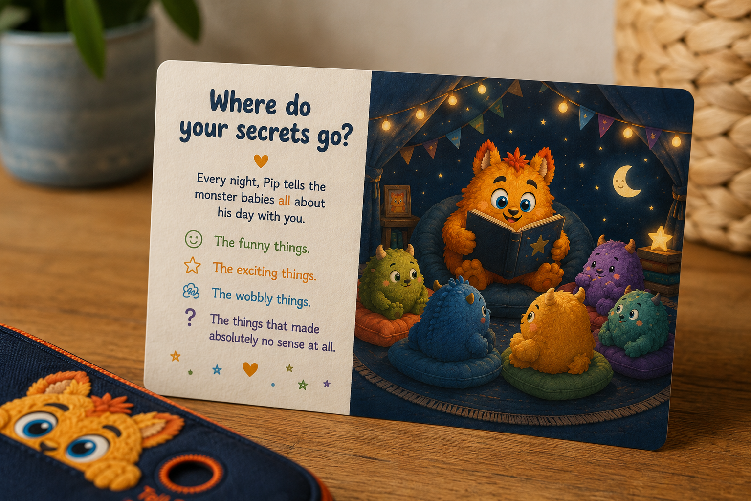 The Where do your secrets go card, showing Pip reading to the monster babies at bedtime