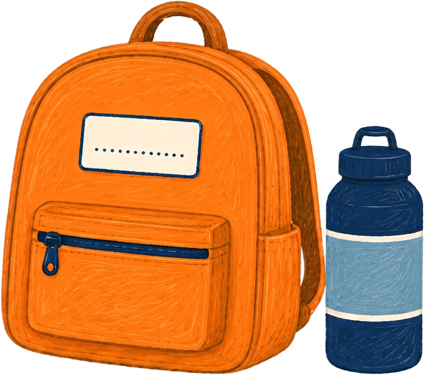 Illustration of a small orange backpack with a name label beside a navy water bottle